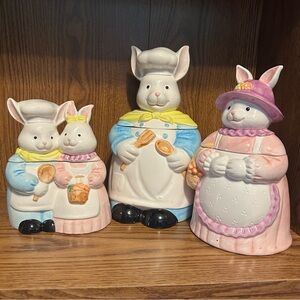 Ceramic Vintage Mrs & Mr Bunny Rabbit Chef Cookie Jar Family Easter Bunnies